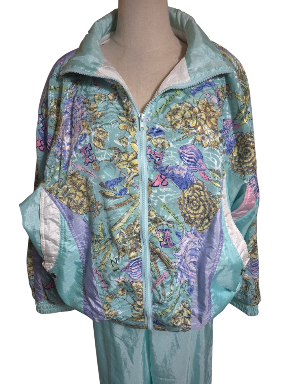 Clipper Bay Vintage Grandma Aqua Pastel Floral Track Suit Jacket & Pants - Picture 2 of 11